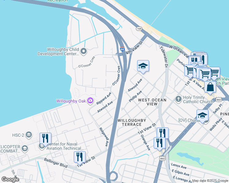 map of restaurants, bars, coffee shops, grocery stores, and more near 382 Orange Avenue in Norfolk