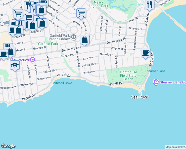 map of restaurants, bars, coffee shops, grocery stores, and more near 904 Pelton Avenue in Santa Cruz