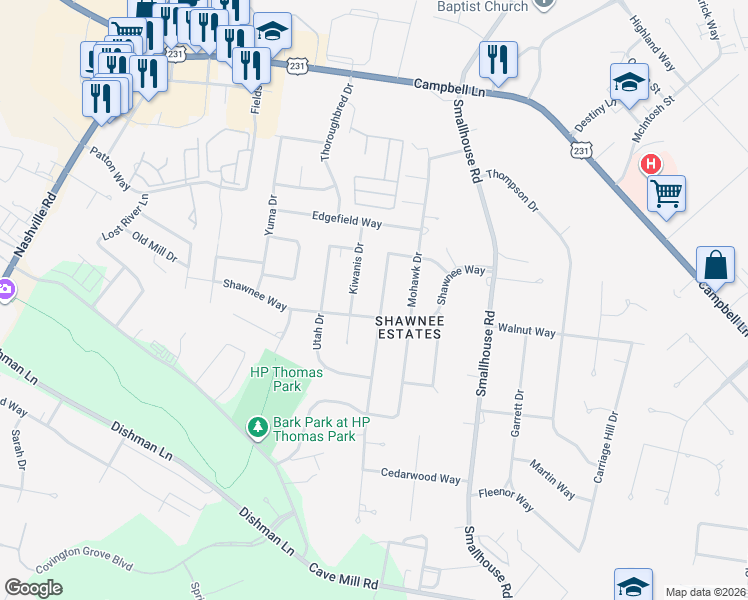 map of restaurants, bars, coffee shops, grocery stores, and more near 2616 Kiwanis Drive in Bowling Green