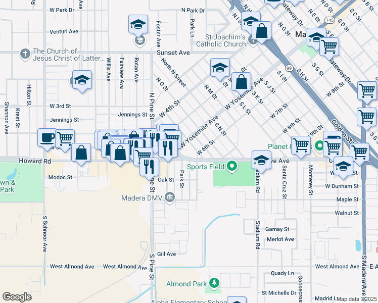 map of restaurants, bars, coffee shops, grocery stores, and more near 111 South P Street in Madera