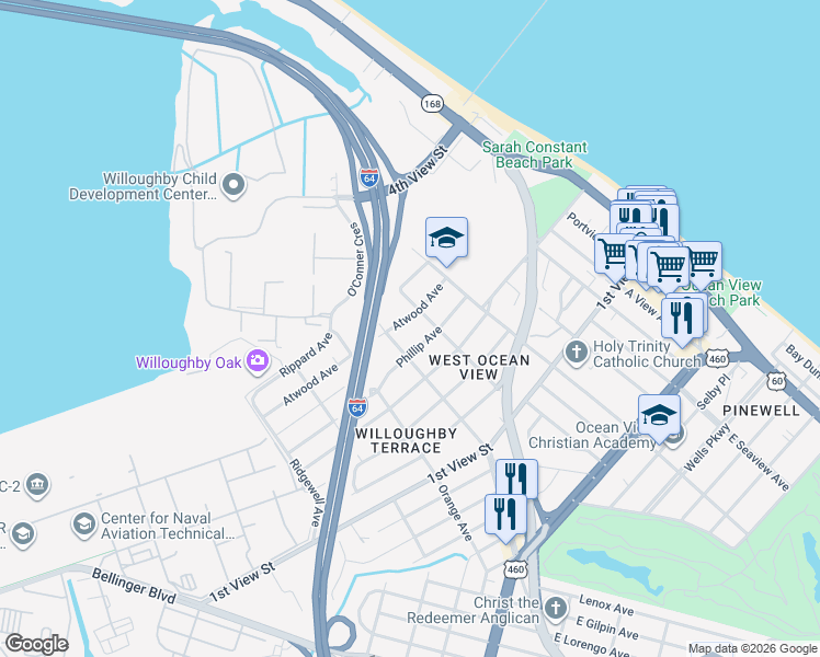 map of restaurants, bars, coffee shops, grocery stores, and more near 359 Cherry Street in Norfolk