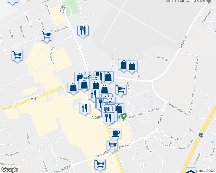 map of restaurants, bars, coffee shops, grocery stores, and more near 1106 Lovers Lane in Bowling Green
