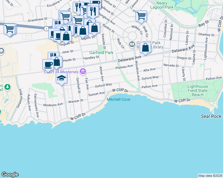 map of restaurants, bars, coffee shops, grocery stores, and more near 1128 West Cliff Drive in Santa Cruz