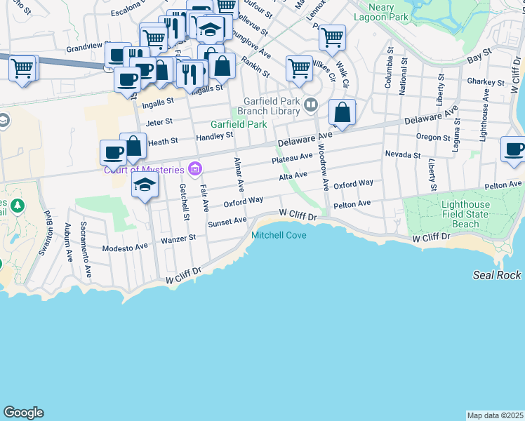 map of restaurants, bars, coffee shops, grocery stores, and more near 1128 West Cliff Drive in Santa Cruz