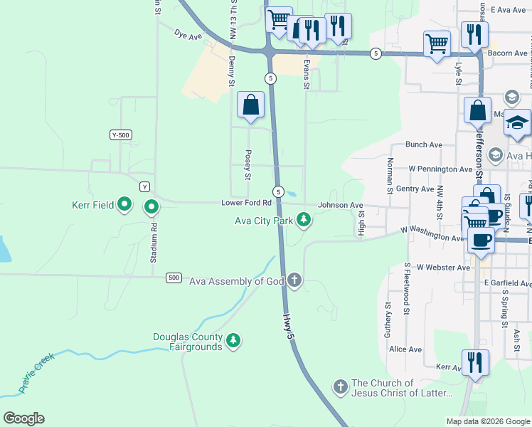 map of restaurants, bars, coffee shops, grocery stores, and more near State Highway Y in Ava