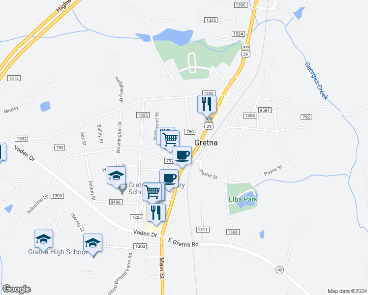 map of restaurants, bars, coffee shops, grocery stores, and more near 106 Center Street in Gretna
