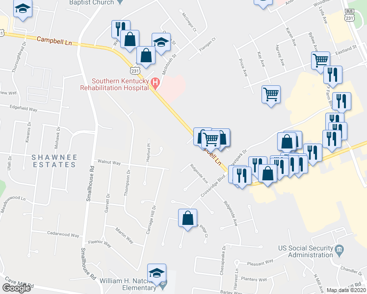 map of restaurants, bars, coffee shops, grocery stores, and more near 1381 Campbell Lane in Bowling Green