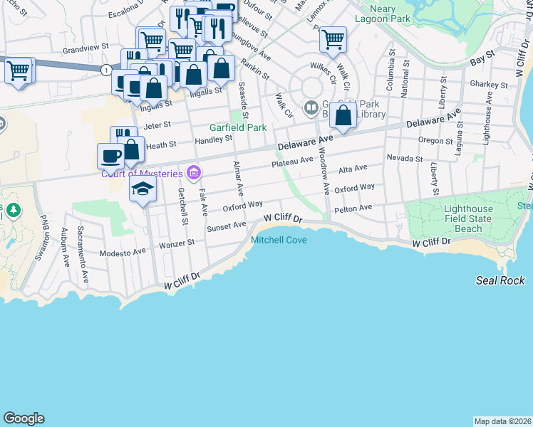 map of restaurants, bars, coffee shops, grocery stores, and more near 1122 West Cliff Drive in Santa Cruz