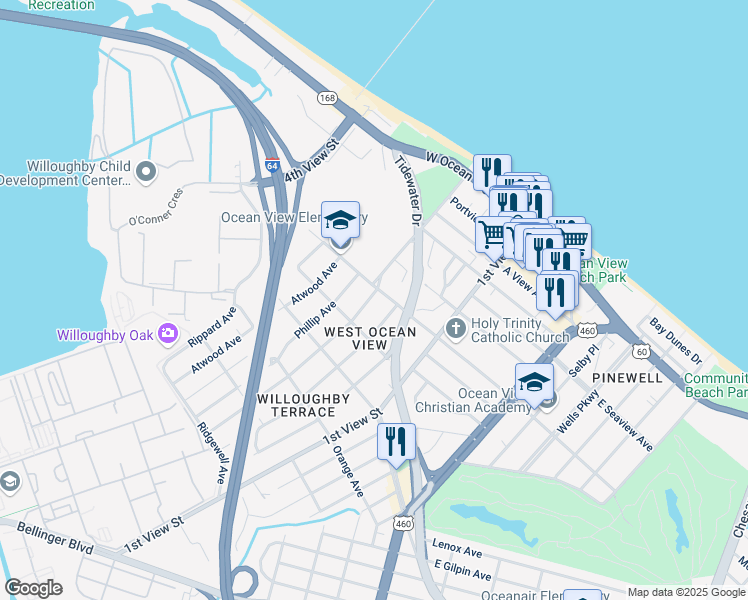 map of restaurants, bars, coffee shops, grocery stores, and more near 9470 Mason Creek Road in Norfolk