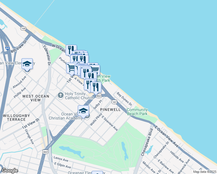 map of restaurants, bars, coffee shops, grocery stores, and more near 100 East Ocean View Avenue in Norfolk