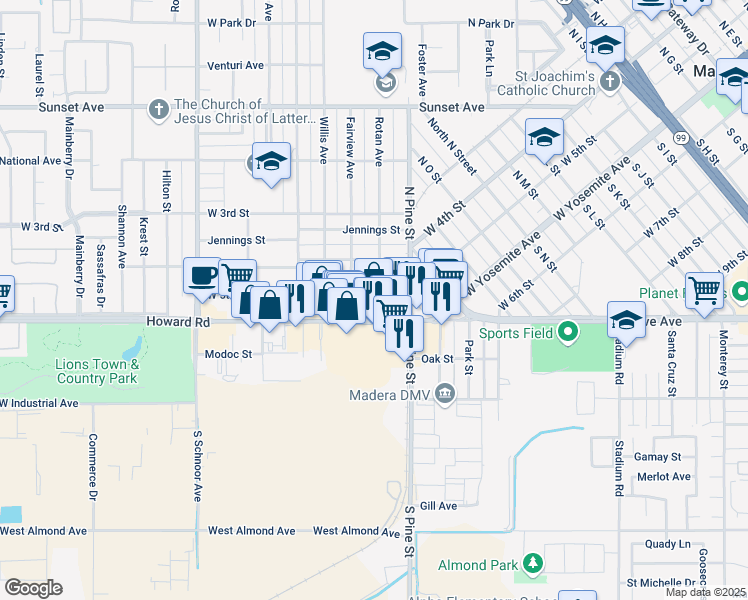 map of restaurants, bars, coffee shops, grocery stores, and more near 1415 West 5th Street in Madera