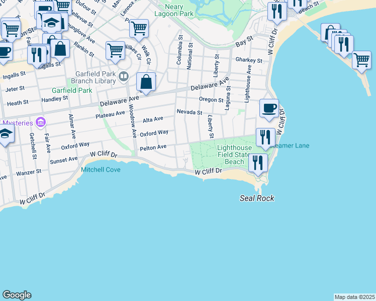 map of restaurants, bars, coffee shops, grocery stores, and more near 616 Pelton Avenue in Santa Cruz