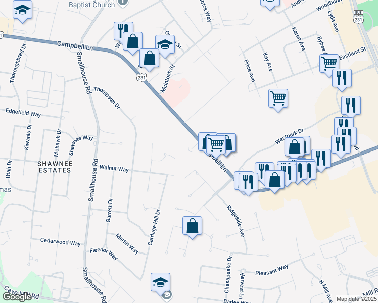 map of restaurants, bars, coffee shops, grocery stores, and more near 1381 Campbell Lane in Bowling Green