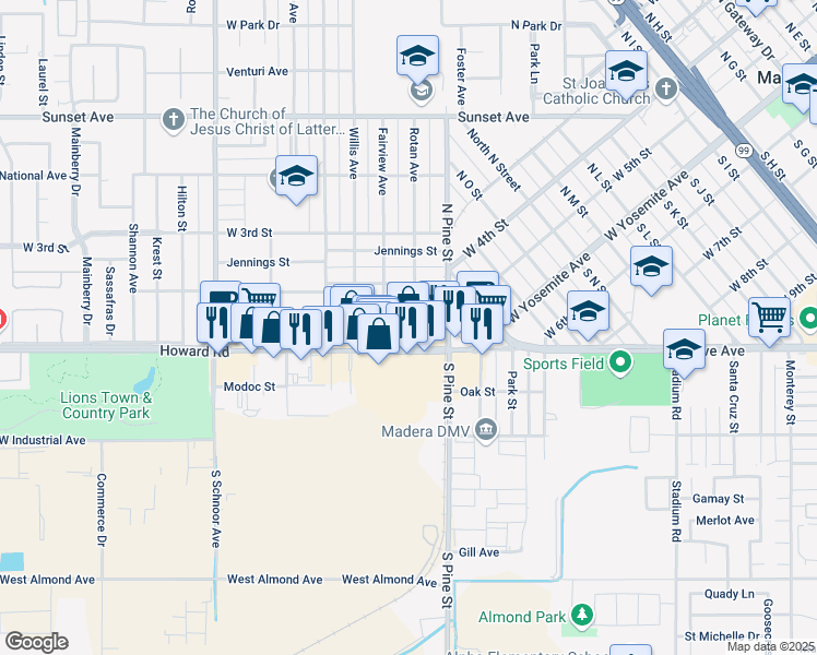 map of restaurants, bars, coffee shops, grocery stores, and more near 1415 West 5th Street in Madera