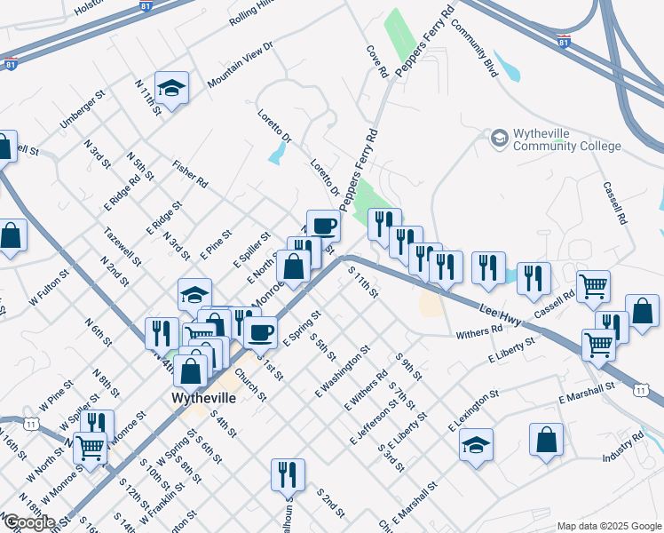 map of restaurants, bars, coffee shops, grocery stores, and more near East Goodwin Lane in Wytheville