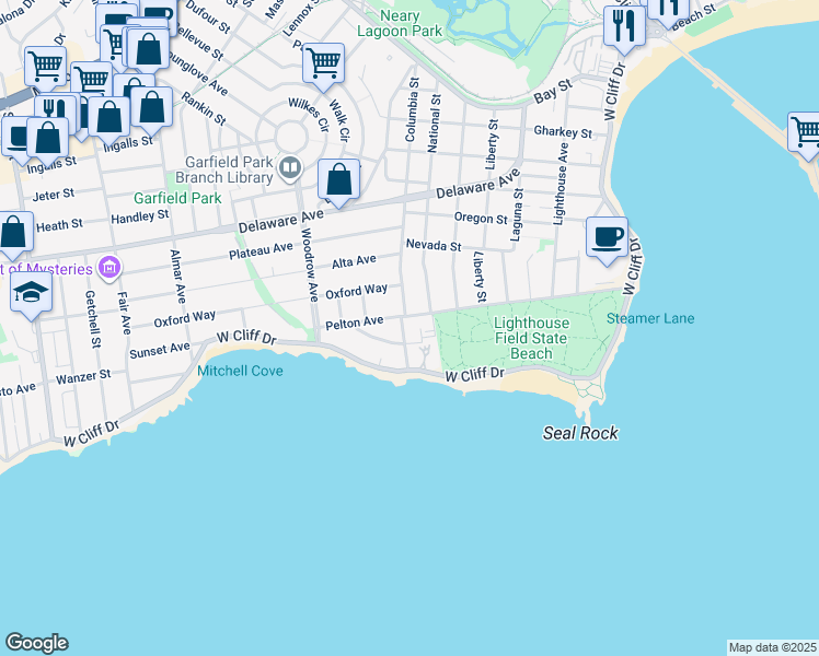 map of restaurants, bars, coffee shops, grocery stores, and more near 222 Columbia Street in Santa Cruz