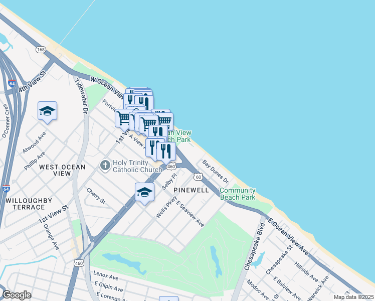 map of restaurants, bars, coffee shops, grocery stores, and more near 100 East Ocean View Avenue in Norfolk