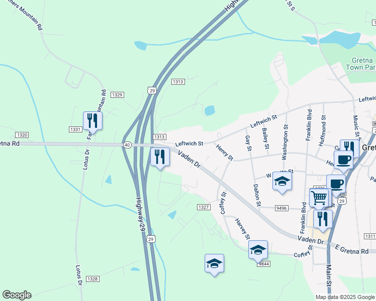 map of restaurants, bars, coffee shops, grocery stores, and more near 610 Vaden Drive in Gretna