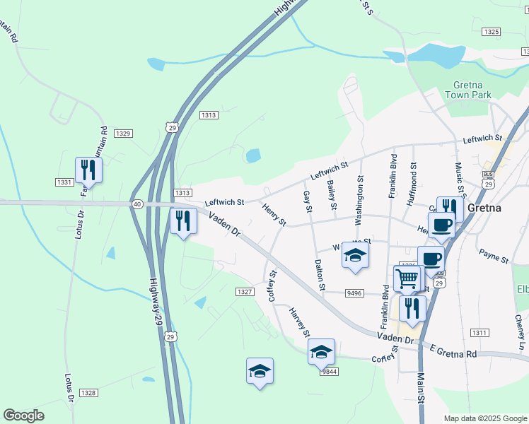 map of restaurants, bars, coffee shops, grocery stores, and more near 807 Henry Street in Gretna
