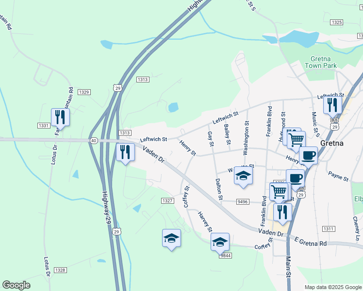 map of restaurants, bars, coffee shops, grocery stores, and more near 807 Henry Street in Gretna