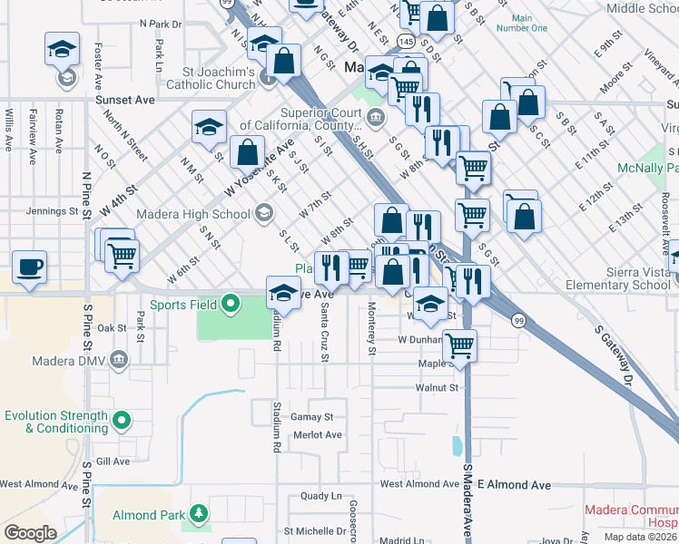 map of restaurants, bars, coffee shops, grocery stores, and more near 429 South K Street in Madera