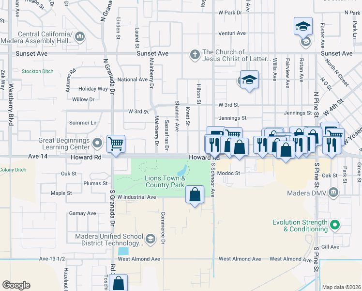 map of restaurants, bars, coffee shops, grocery stores, and more near 116 Krest Street in Madera