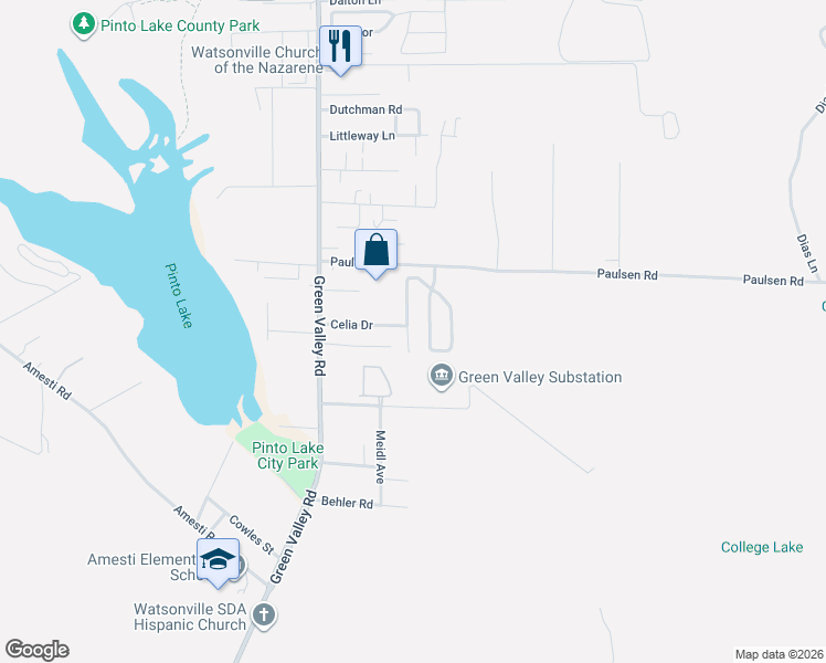 map of restaurants, bars, coffee shops, grocery stores, and more near 122 Lapis Drive in Watsonville