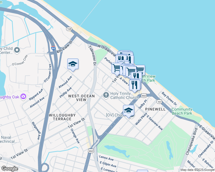 map of restaurants, bars, coffee shops, grocery stores, and more near 9544 Statler Street in Norfolk