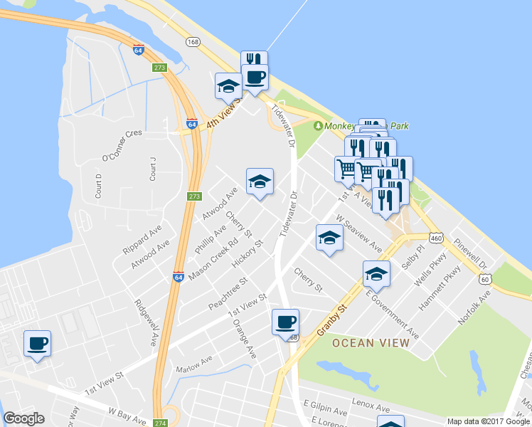 map of restaurants, bars, coffee shops, grocery stores, and more near 262 West Government Avenue in Norfolk