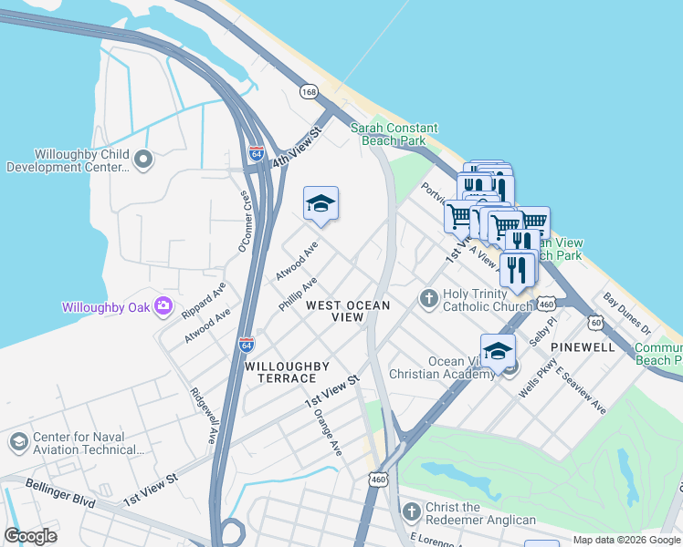 map of restaurants, bars, coffee shops, grocery stores, and more near 262 West Government Avenue in Norfolk