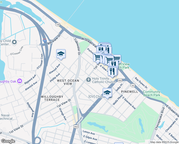 map of restaurants, bars, coffee shops, grocery stores, and more near 9544 Statler Street in Norfolk