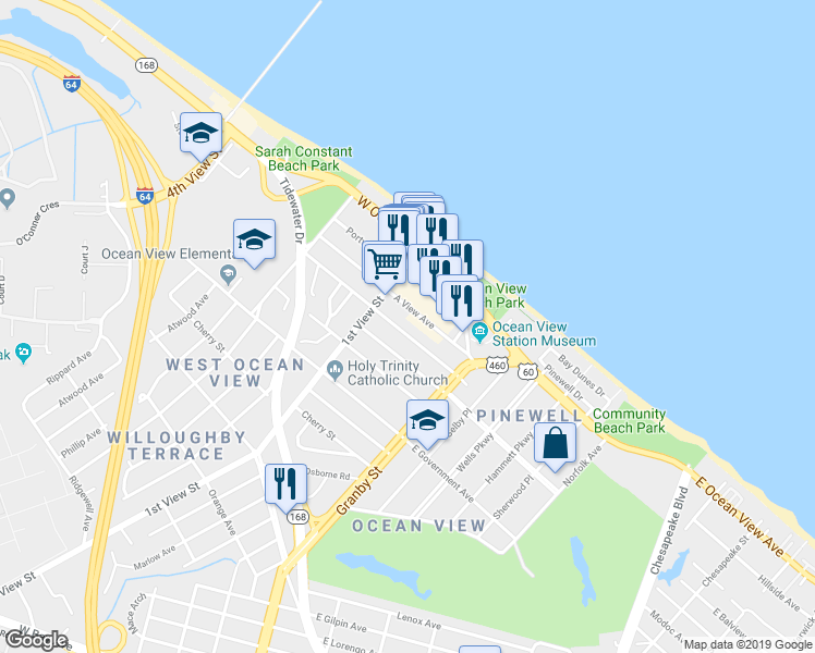 map of restaurants, bars, coffee shops, grocery stores, and more near 156 West Balview Avenue in Norfolk