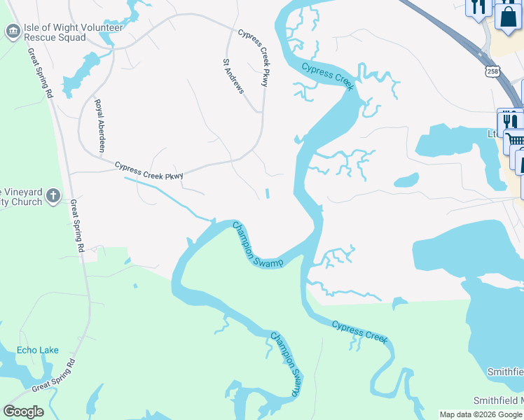 map of restaurants, bars, coffee shops, grocery stores, and more near 1103 Cypress Creek Parkway in Smithfield