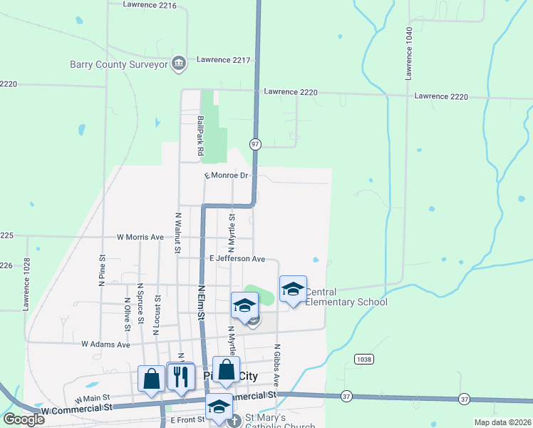 map of restaurants, bars, coffee shops, grocery stores, and more near 702 Lindsey Boulevard in Pierce City