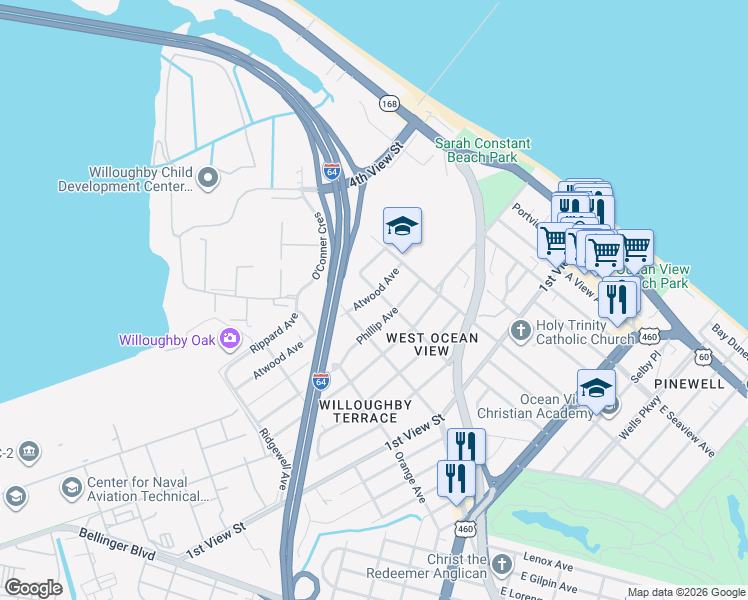 map of restaurants, bars, coffee shops, grocery stores, and more near 9426 Atwood Avenue in Norfolk