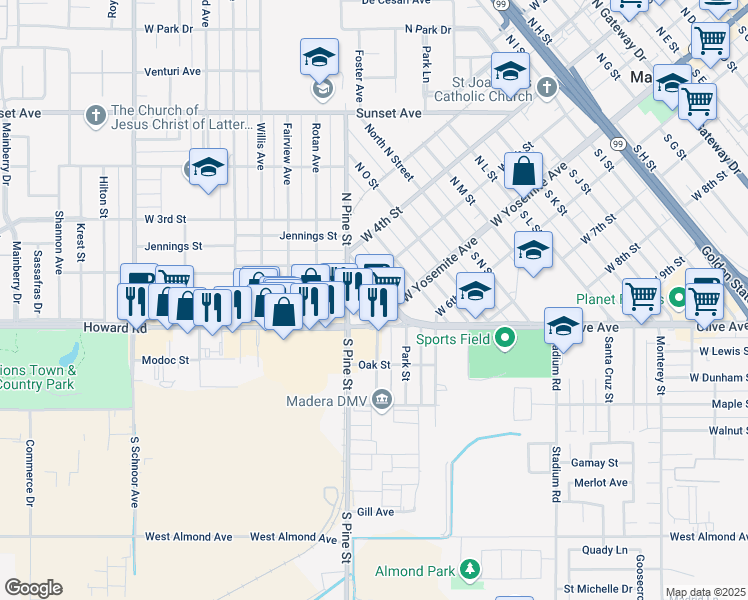 map of restaurants, bars, coffee shops, grocery stores, and more near 1216 West 5th Street in Madera