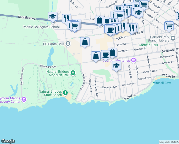 map of restaurants, bars, coffee shops, grocery stores, and more near 303 Auburn Avenue in Santa Cruz