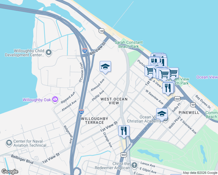 map of restaurants, bars, coffee shops, grocery stores, and more near 9459 Phillip Avenue in Norfolk