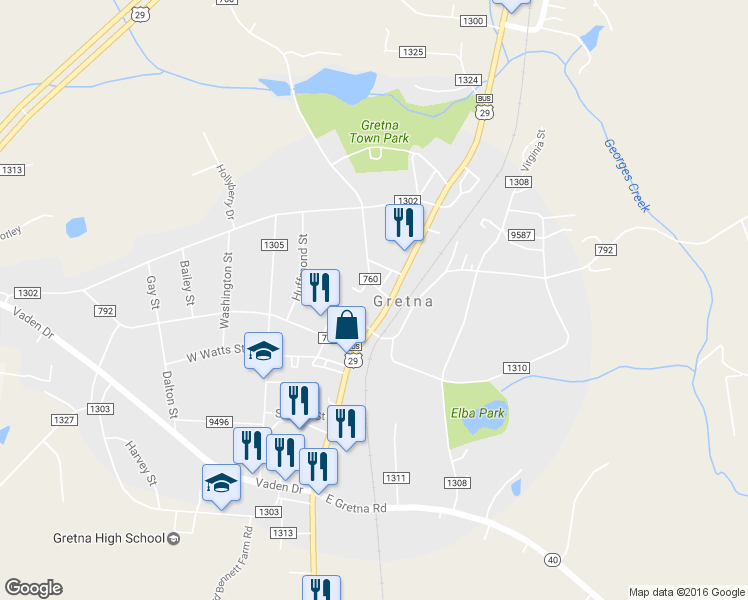 map of restaurants, bars, coffee shops, grocery stores, and more near 301 North Main Street in Gretna