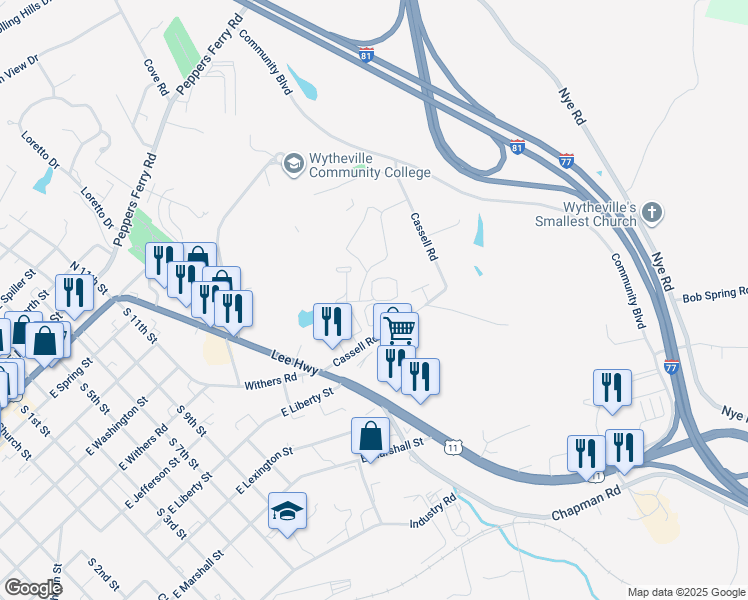 map of restaurants, bars, coffee shops, grocery stores, and more near 101 Longview Village Circle in Wytheville