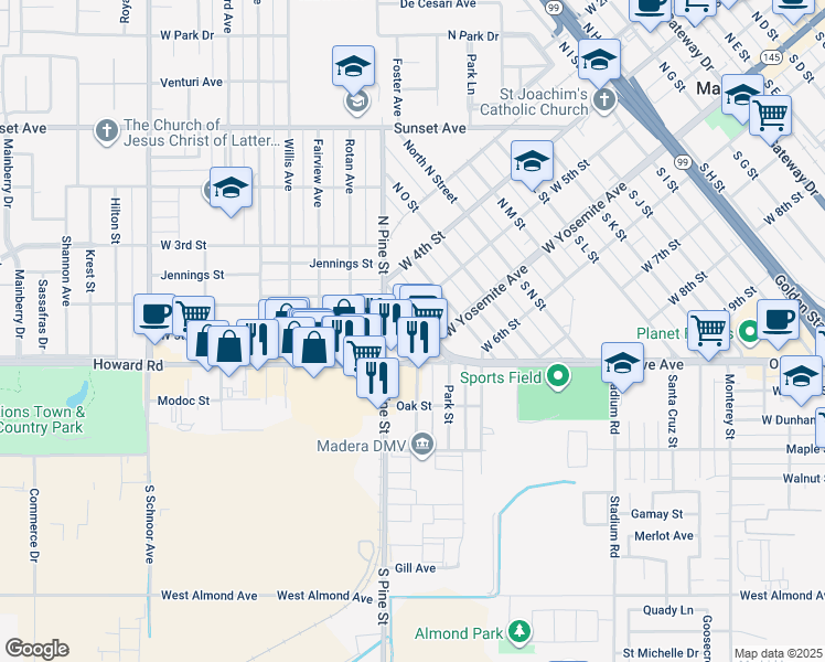 map of restaurants, bars, coffee shops, grocery stores, and more near Q Street in Madera