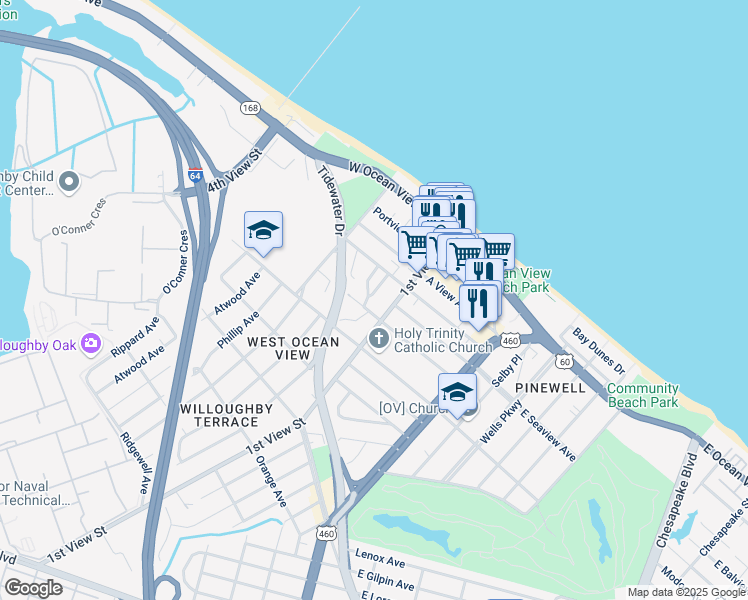 map of restaurants, bars, coffee shops, grocery stores, and more near 9544 Statler Street in Norfolk