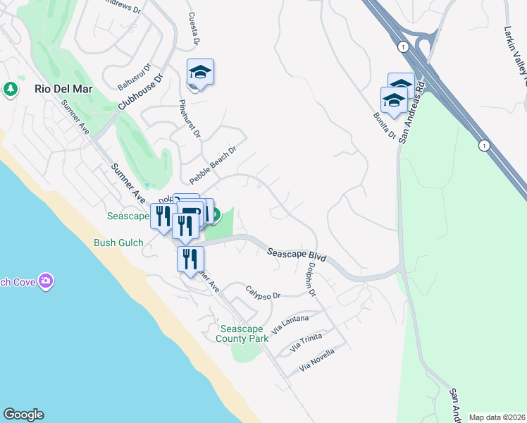 map of restaurants, bars, coffee shops, grocery stores, and more near 126 Farallon Court in Aptos
