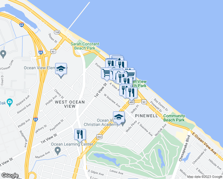 map of restaurants, bars, coffee shops, grocery stores, and more near 166 West Balview Avenue in Norfolk