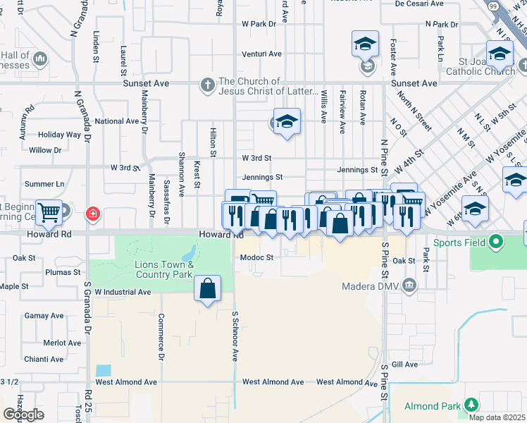 map of restaurants, bars, coffee shops, grocery stores, and more near 120 Amerine Avenue in Madera