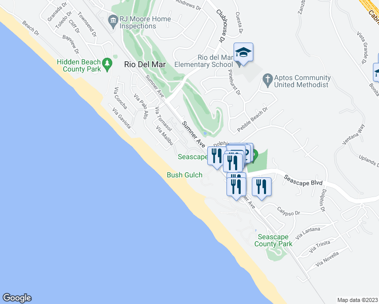 map of restaurants, bars, coffee shops, grocery stores, and more near 1214 Vía Tornasol in Aptos