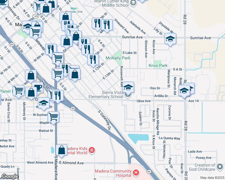 map of restaurants, bars, coffee shops, grocery stores, and more near 1002 South C Street in Madera