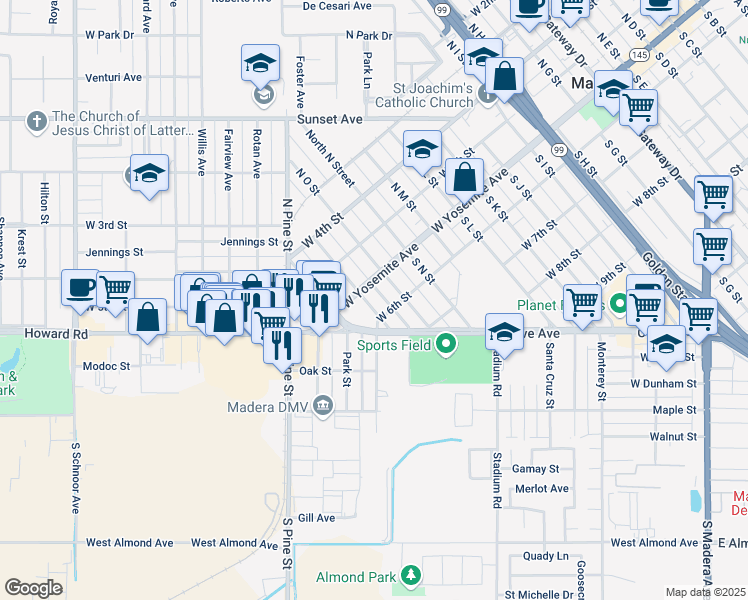 map of restaurants, bars, coffee shops, grocery stores, and more near 111 South P Street in Madera