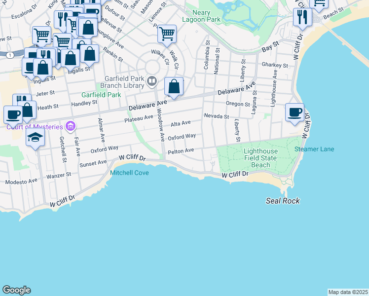 map of restaurants, bars, coffee shops, grocery stores, and more near 904 Pelton Avenue in Santa Cruz