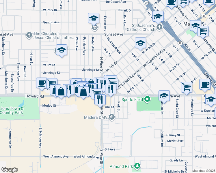 map of restaurants, bars, coffee shops, grocery stores, and more near 1216 West 5th Street in Madera